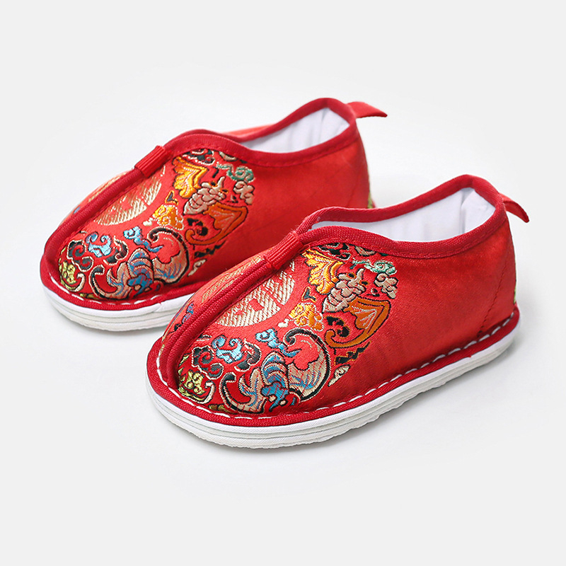 Pantofi Hanfu pentru copii, lucrate manual, talpă cu mai multe straturi, suprafața din mătase, stil etnic, model Cele Cinci Binecuvântări, pentru copii 1-3 ani