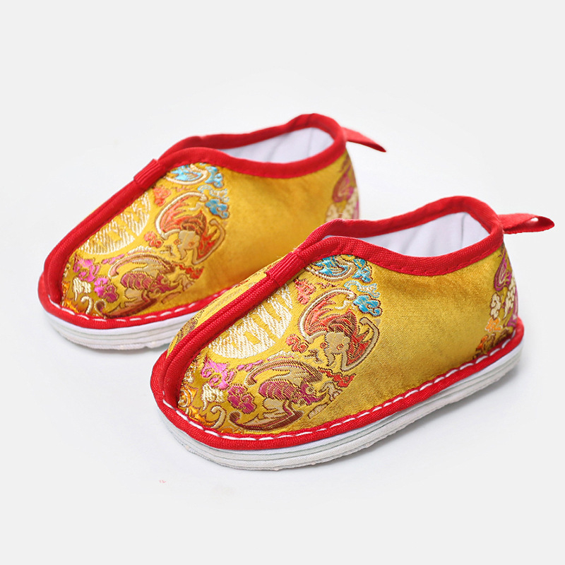 Pantofi Hanfu pentru copii, lucrate manual, talpă cu mai multe straturi, suprafața din mătase, stil etnic, model Cele Cinci Binecuvântări, pentru copii 1-3 ani