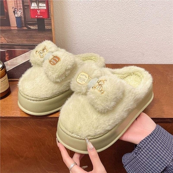 Дамски пантофи с дебел под, замшена горна част, EVA подметка, корейски стил, зимна пухена подплата, карикатурен принт, анти-слип (дебелина на подметката 0-3 cm)