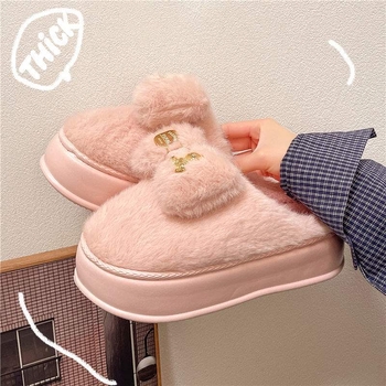 Дамски пантофи с дебел под, замшена горна част, EVA подметка, корейски стил, зимна пухена подплата, карикатурен принт, анти-слип (дебелина на подметката 0-3 cm)