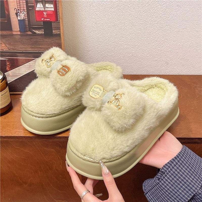 Дамски пантофи с дебел под, замшена горна част, EVA подметка, корейски стил, зимна пухена подплата, карикатурен принт, анти-слип (дебелина на подметката 0-3 cm)