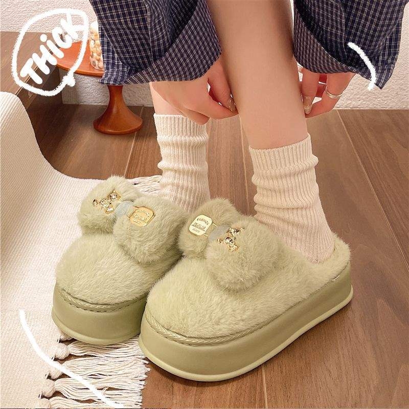 Дамски пантофи с дебел под, замшена горна част, EVA подметка, корейски стил, зимна пухена подплата, карикатурен принт, анти-слип (дебелина на подметката 0-3 cm)