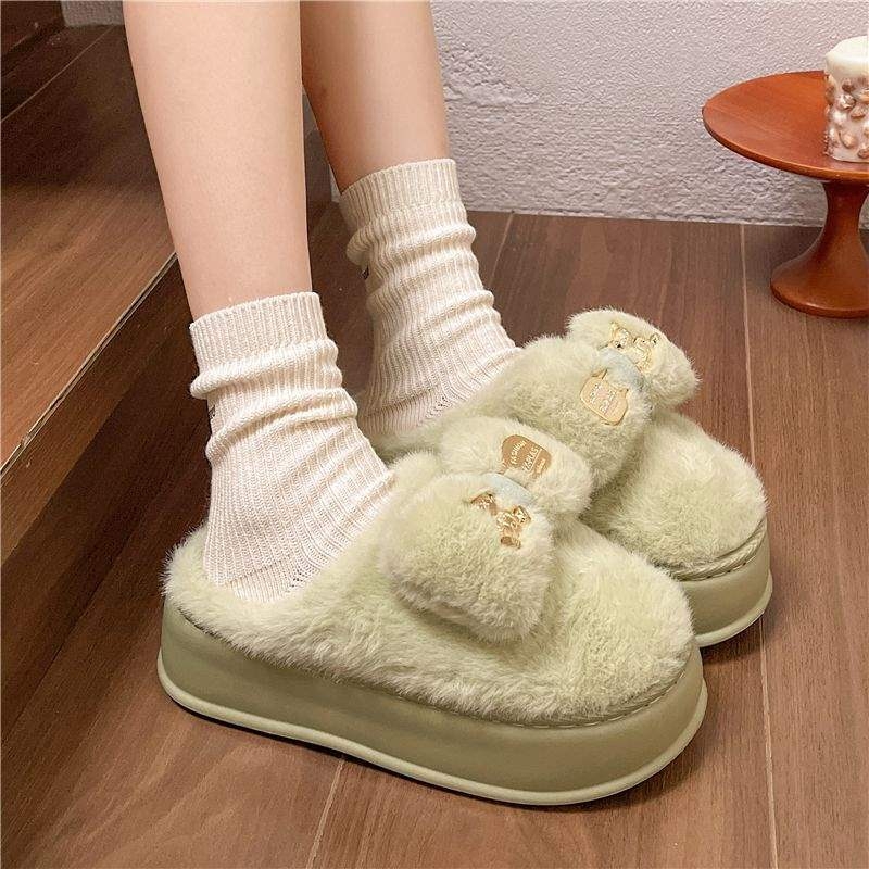 Дамски пантофи с дебел под, замшена горна част, EVA подметка, корейски стил, зимна пухена подплата, карикатурен принт, анти-слип (дебелина на подметката 0-3 cm)