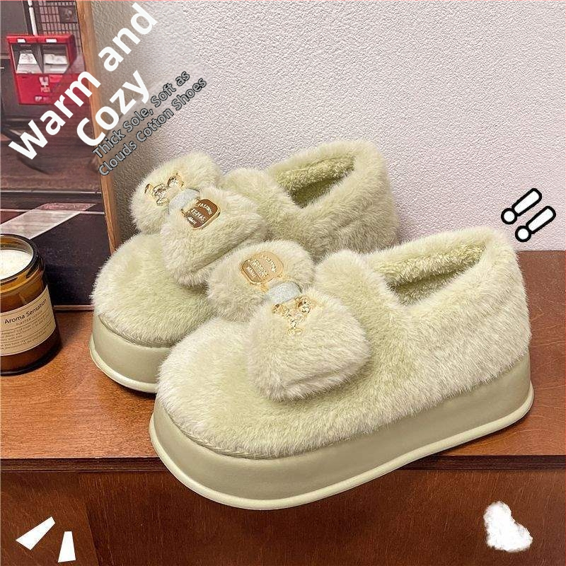 Дамски пантофи с дебел под, замшена горна част, EVA подметка, корейски стил, зимна пухена подплата, карикатурен принт, анти-слип (дебелина на подметката 0-3 cm)
