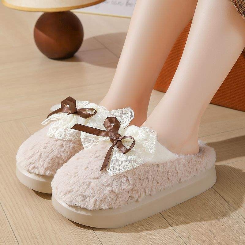 Дамски пантофи с дебел под, замшена горна част, EVA подметка, корейски стил, зимна пухена подплата, карикатурен принт, анти-слип (дебелина на подметката 0-3 cm)