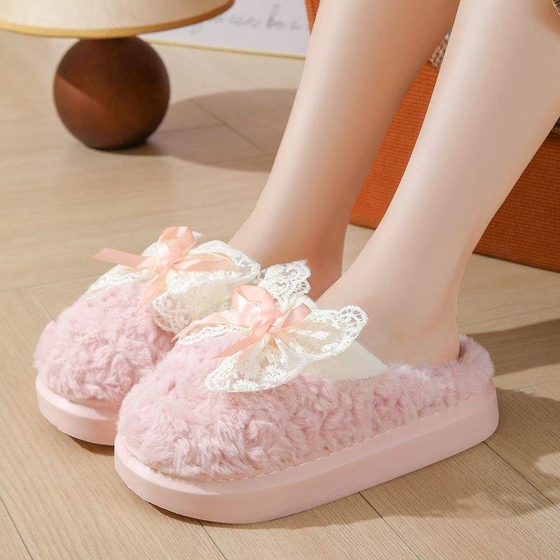 Дамски пантофи с дебел под, замшена горна част, EVA подметка, корейски стил, зимна пухена подплата, карикатурен принт, анти-слип (дебелина на подметката 0-3 cm)