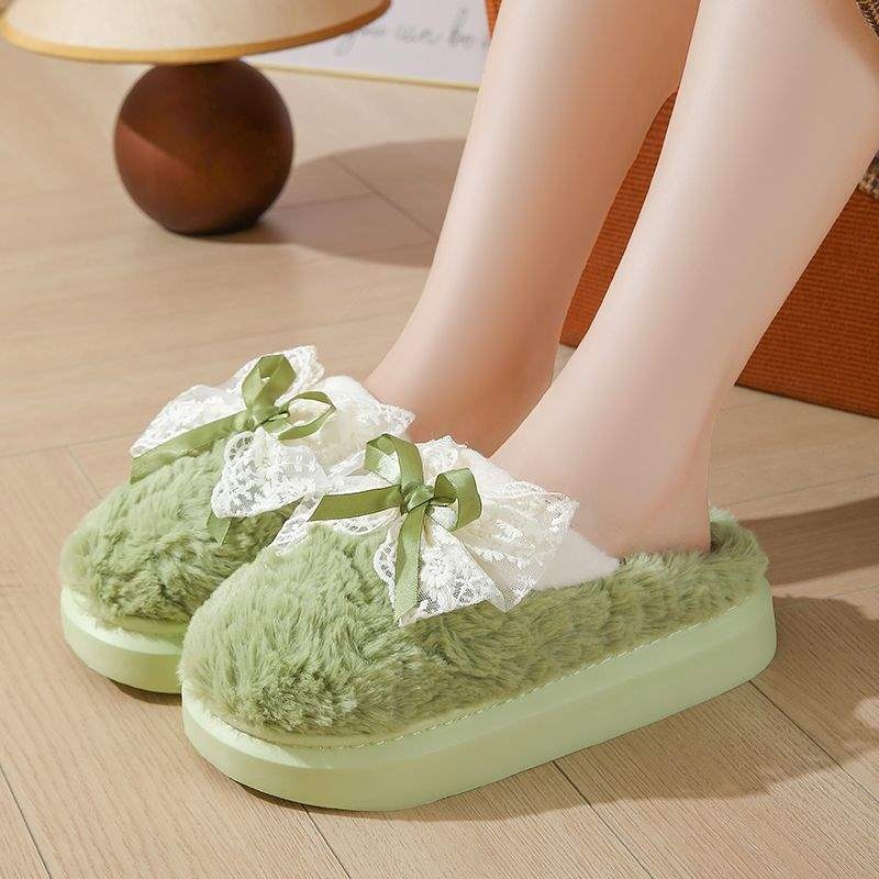 Дамски пантофи с дебел под, замшена горна част, EVA подметка, корейски стил, зимна пухена подплата, карикатурен принт, анти-слип (дебелина на подметката 0-3 cm)