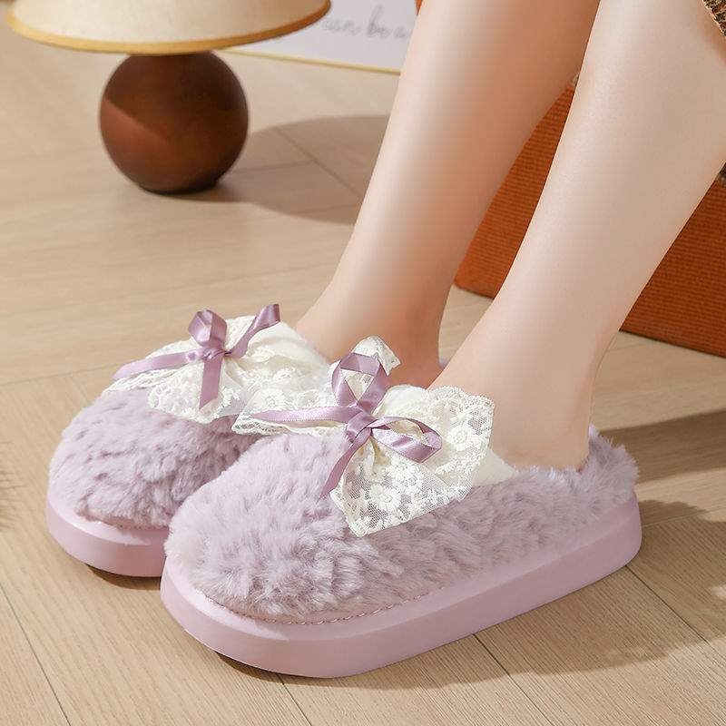 Дамски пантофи с дебел под, замшена горна част, EVA подметка, корейски стил, зимна пухена подплата, карикатурен принт, анти-слип (дебелина на подметката 0-3 cm)