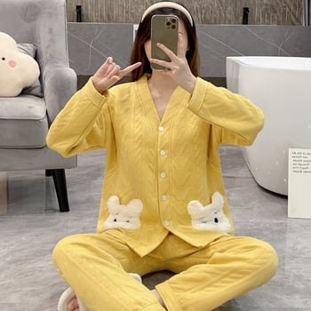 Σετ πυτζάμες εγκυμοσύνης από αέρινο βαμβακερό ζακάρντ, μακρυμάνικη μπλούζα και παντελόνι, ύφασμα μεσαίου βάρους (161-180 g/m2), κατάλληλο για χειμώνα, άνοιξη και φθινοπωρο