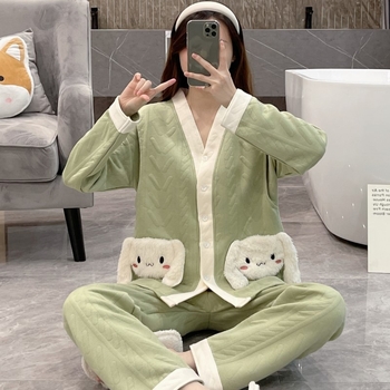 Σετ πυτζάμες εγκυμοσύνης από αέρινο βαμβακερό ζακάρντ, μακρυμάνικη μπλούζα και παντελόνι, ύφασμα μεσαίου βάρους (161-180 g/m2), κατάλληλο για χειμώνα, άνοιξη και φθινοπωρο