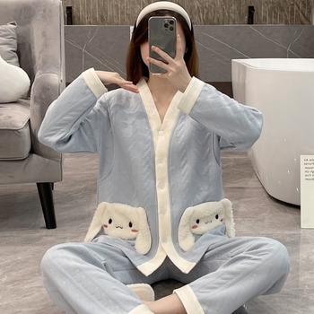 Σετ πυτζάμες εγκυμοσύνης από αέρινο βαμβακερό ζακάρντ, μακρυμάνικη μπλούζα και παντελόνι, ύφασμα μεσαίου βάρους (161-180 g/m2), κατάλληλο για χειμώνα, άνοιξη και φθινοπωρο