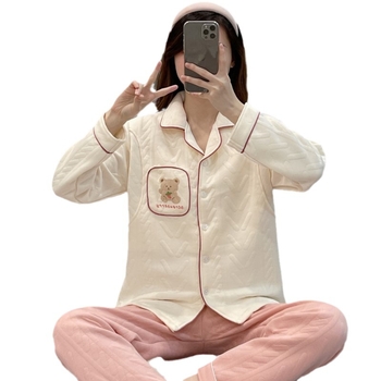 Σετ πυτζάμες εγκυμοσύνης από αέρινο βαμβακερό ζακάρντ, μακρυμάνικη μπλούζα και παντελόνι, ύφασμα μεσαίου βάρους (161-180 g/m2), κατάλληλο για χειμώνα, άνοιξη και φθινοπωρο