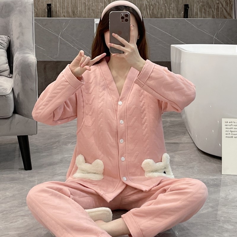 Σετ πυτζάμες εγκυμοσύνης από αέρινο βαμβακερό ζακάρντ, μακρυμάνικη μπλούζα και παντελόνι, ύφασμα μεσαίου βάρους (161-180 g/m2), κατάλληλο για χειμώνα, άνοιξη και φθινοπωρο