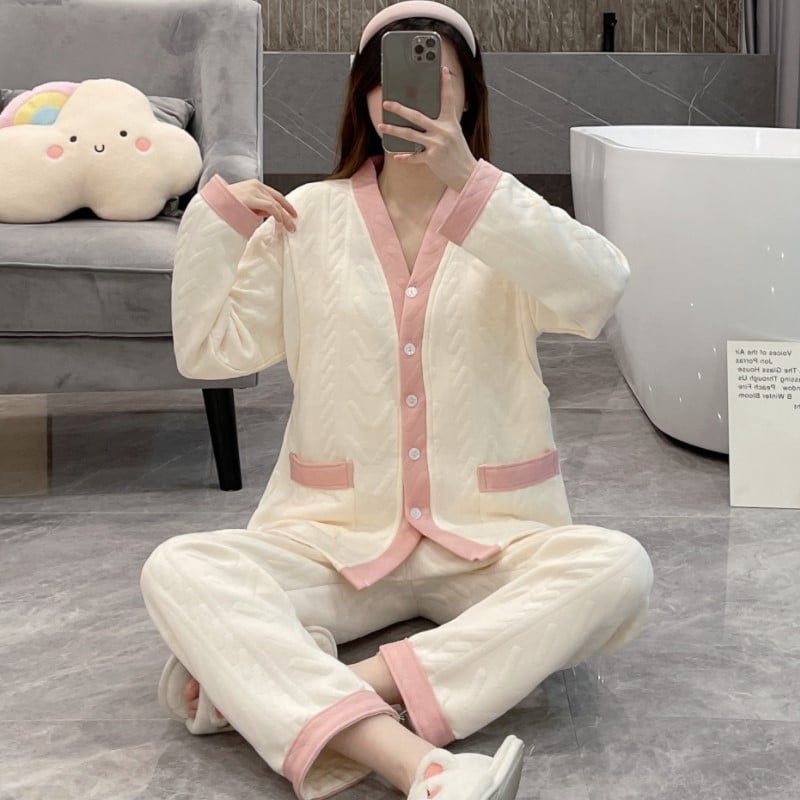 Σετ πυτζάμες εγκυμοσύνης από αέρινο βαμβακερό ζακάρντ, μακρυμάνικη μπλούζα και παντελόνι, ύφασμα μεσαίου βάρους (161-180 g/m2), κατάλληλο για χειμώνα, άνοιξη και φθινοπωρο