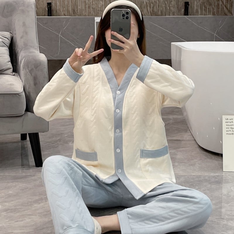 Σετ πυτζάμες εγκυμοσύνης από αέρινο βαμβακερό ζακάρντ, μακρυμάνικη μπλούζα και παντελόνι, ύφασμα μεσαίου βάρους (161-180 g/m2), κατάλληλο για χειμώνα, άνοιξη και φθινοπωρο