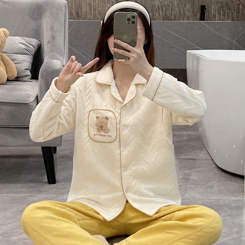 Σετ πυτζάμες εγκυμοσύνης από αέρινο βαμβακερό ζακάρντ, μακρυμάνικη μπλούζα και παντελόνι, ύφασμα μεσαίου βάρους (161-180 g/m2), κατάλληλο για χειμώνα, άνοιξη και φθινοπωρο