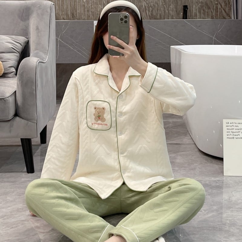 Σετ πυτζάμες εγκυμοσύνης από αέρινο βαμβακερό ζακάρντ, μακρυμάνικη μπλούζα και παντελόνι, ύφασμα μεσαίου βάρους (161-180 g/m2), κατάλληλο για χειμώνα, άνοιξη και φθινοπωρο