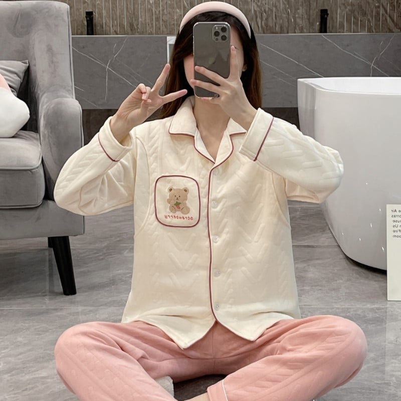 Σετ πυτζάμες εγκυμοσύνης από αέρινο βαμβακερό ζακάρντ, μακρυμάνικη μπλούζα και παντελόνι, ύφασμα μεσαίου βάρους (161-180 g/m2), κατάλληλο για χειμώνα, άνοιξη και φθινοπωρο