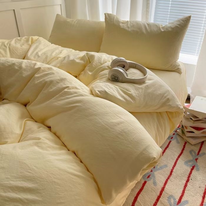 Set de patru piese – bumbac spălat, culoare solidă, vopsire reactiva, lavabil, greutate 800–1000 g, Ins-stil