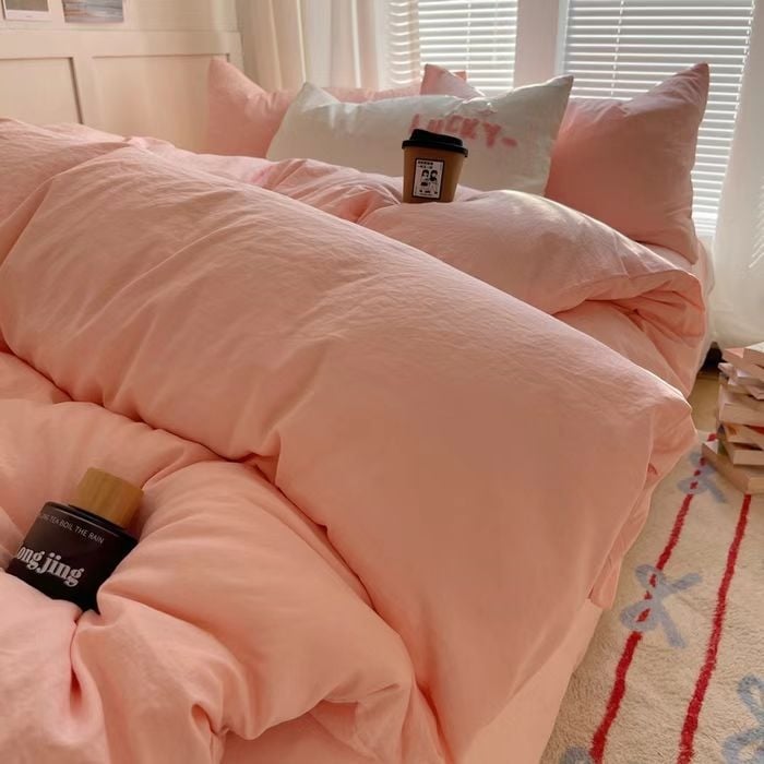 Set de patru piese – bumbac spălat, culoare solidă, vopsire reactiva, lavabil, greutate 800–1000 g, Ins-stil