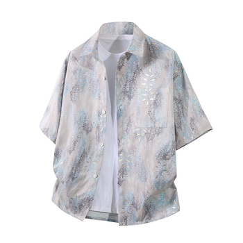 Πουκάμισο με μοτίβο λουλουδιών σε σπασμένα σχέδια, τετράγωνος γιακάς, κοντά μανίκια, αναπνεόμενη ύφανση, χωρίς σιδέρωμα