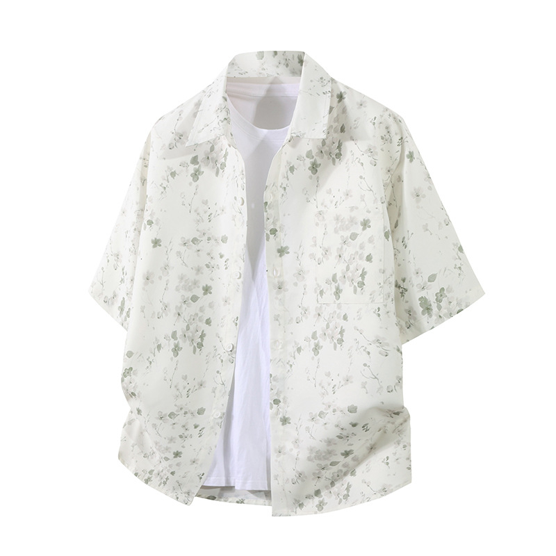 Πουκάμισο με μοτίβο λουλουδιών σε σπασμένα σχέδια, τετράγωνος γιακάς, κοντά μανίκια, αναπνεόμενη ύφανση, χωρίς σιδέρωμα