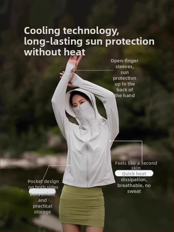 Îmbrăcăminte UV pentru femei din nailon Ice Silk - UPF50+, mâneci lungi, respirabilă, cu margine de pălărie, 80-90% nailon, <30% spandex, primăvara 2025