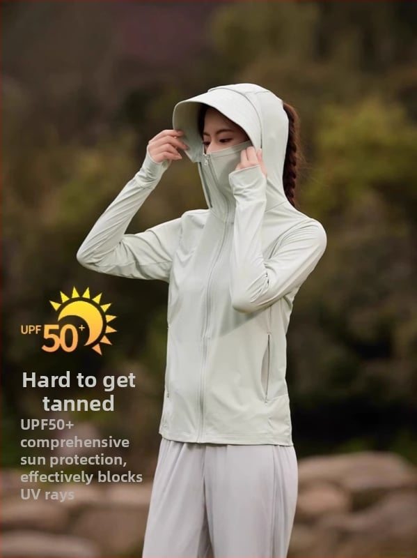 Îmbrăcăminte UV pentru femei din nailon Ice Silk - UPF50+, mâneci lungi, respirabilă, cu margine de pălărie, 80-90% nailon, <30% spandex, primăvara 2025
