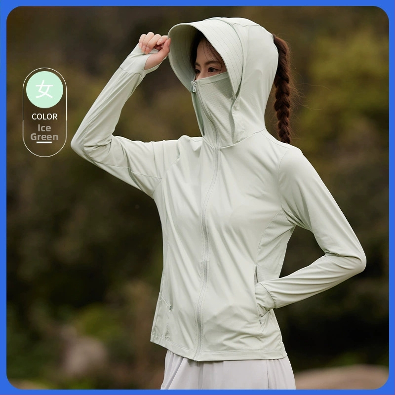 Îmbrăcăminte UV pentru femei din nailon Ice Silk - UPF50+, mâneci lungi, respirabilă, cu margine de pălărie, 80-90% nailon, <30% spandex, primăvara 2025