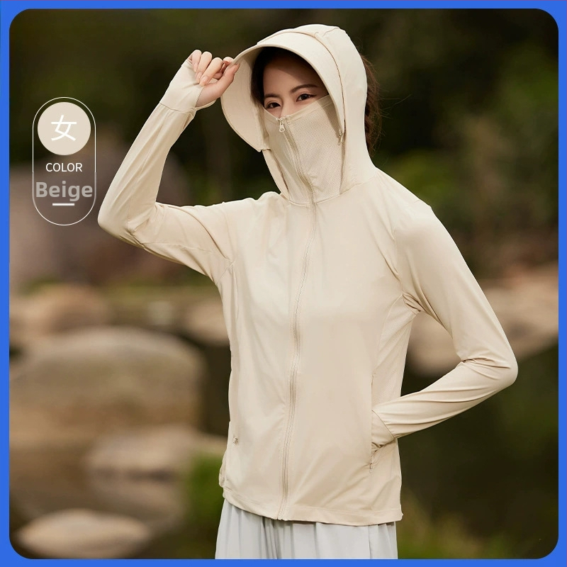 Îmbrăcăminte UV pentru femei din nailon Ice Silk - UPF50+, mâneci lungi, respirabilă, cu margine de pălărie, 80-90% nailon, <30% spandex, primăvara 2025