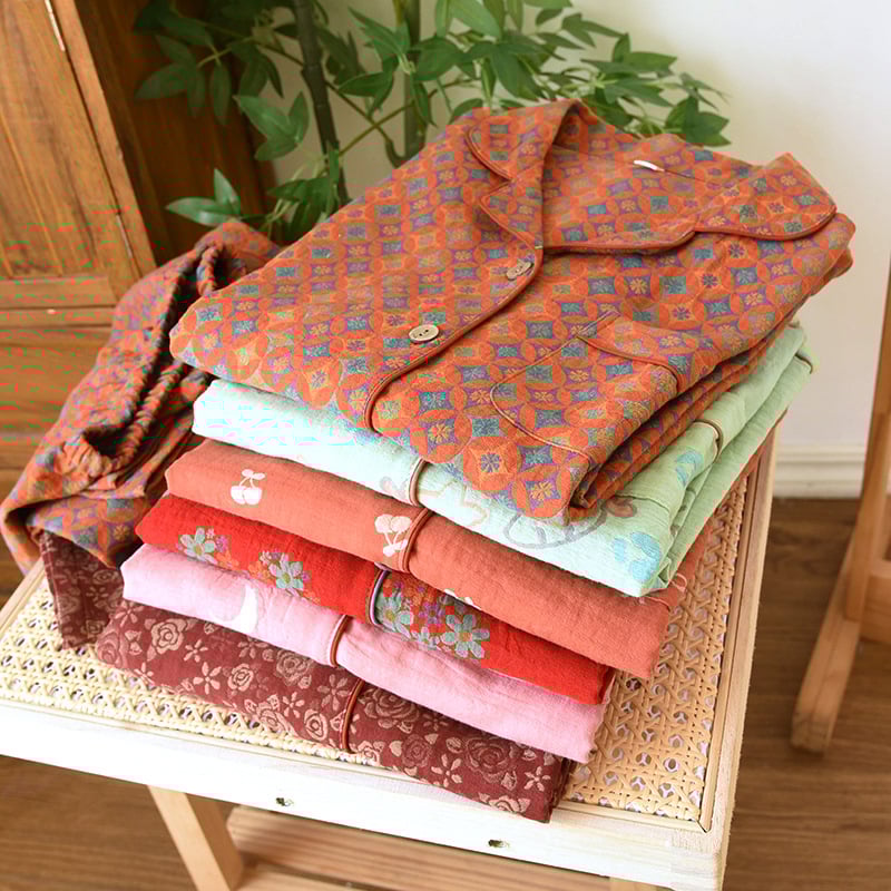 Γυναικείο σετ πυτζάμα από βαμβάκι με ζακάρτ ύφανση, μακριά μανίκια και παντελόνια