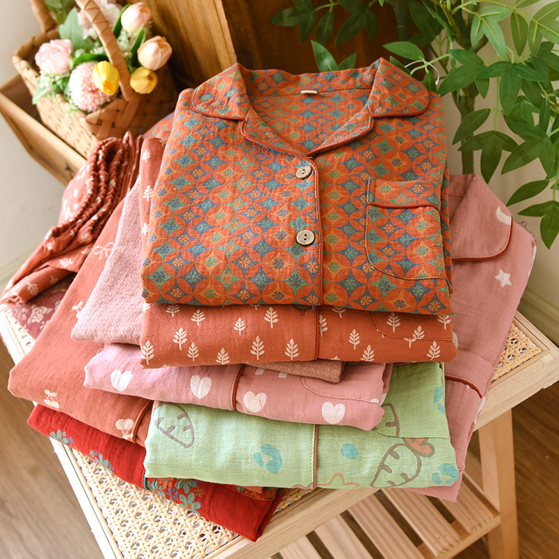 Γυναικείο σετ πυτζάμα από βαμβάκι με ζακάρτ ύφανση, μακριά μανίκια και παντελόνια