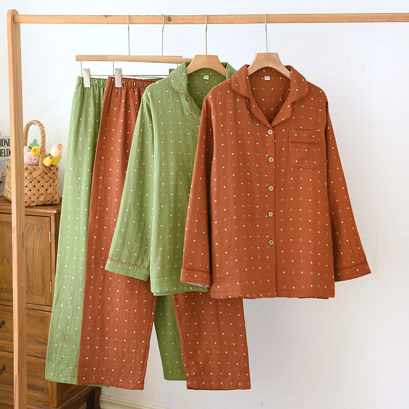 Γυναικείο σετ πυτζάμα από βαμβάκι με ζακάρτ ύφανση, μακριά μανίκια και παντελόνια