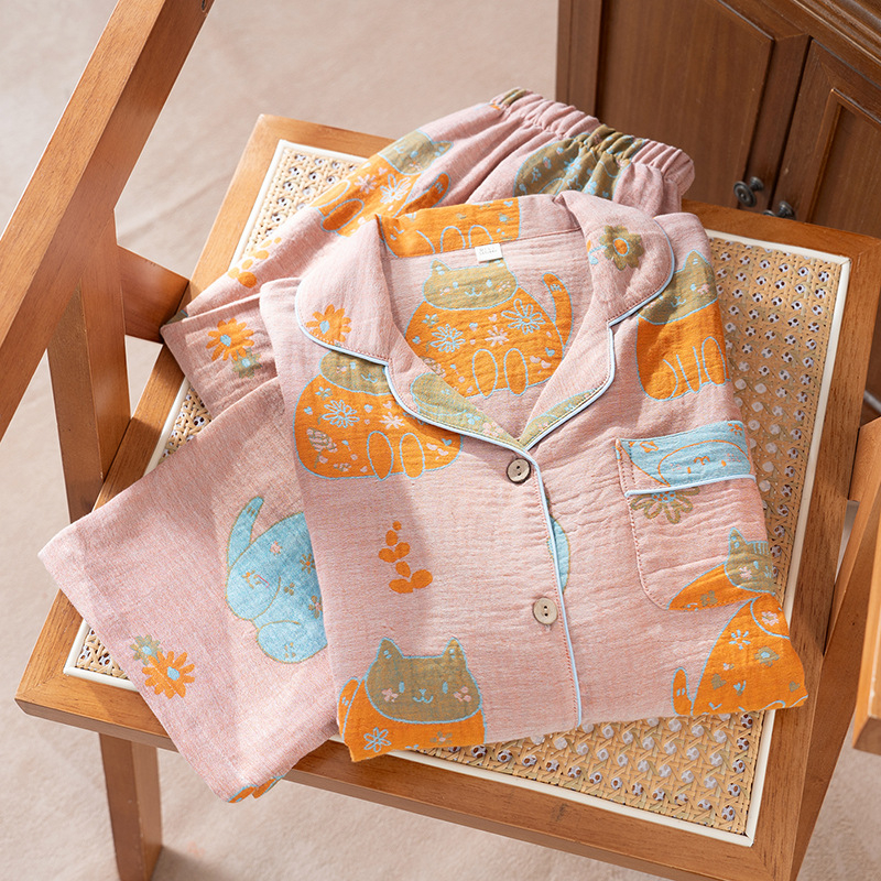 Γυναικείο σετ πυτζάμα από βαμβάκι με ζακάρτ ύφανση, μακριά μανίκια και παντελόνια