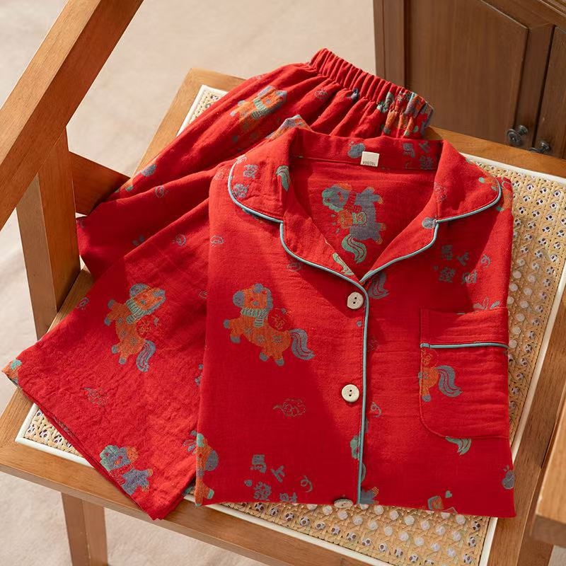 Γυναικείο σετ πυτζάμα από βαμβάκι με ζακάρτ ύφανση, μακριά μανίκια και παντελόνια