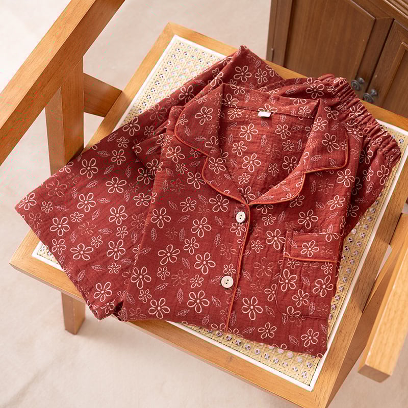 Γυναικείο σετ πυτζάμα από βαμβάκι με ζακάρτ ύφανση, μακριά μανίκια και παντελόνια