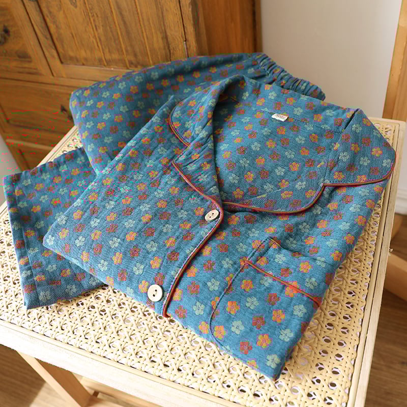 Γυναικείο σετ πυτζάμα από βαμβάκι με ζακάρτ ύφανση, μακριά μανίκια και παντελόνια