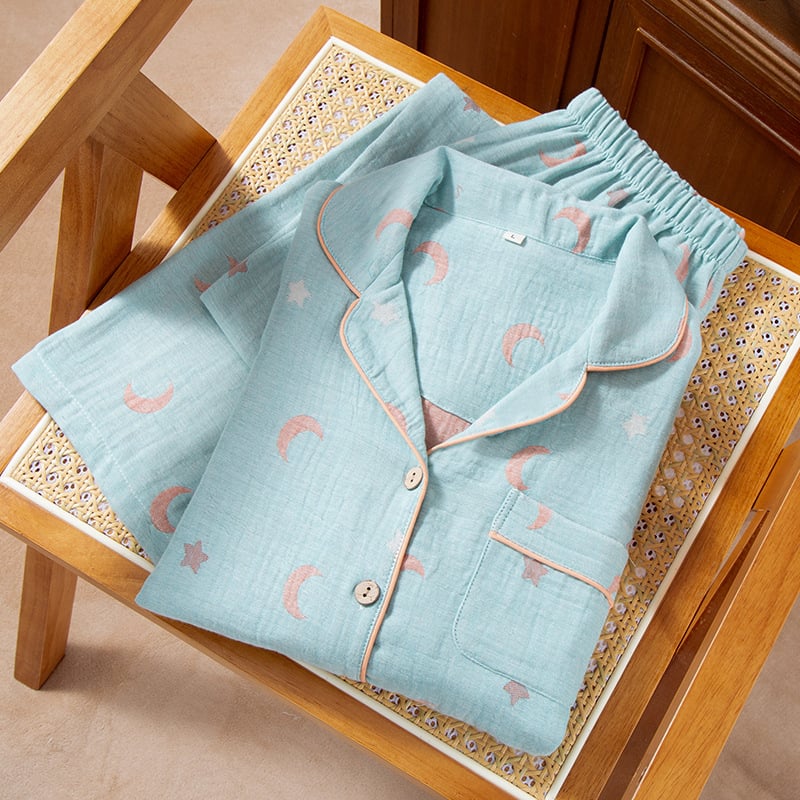 Γυναικείο σετ πυτζάμα από βαμβάκι με ζακάρτ ύφανση, μακριά μανίκια και παντελόνια