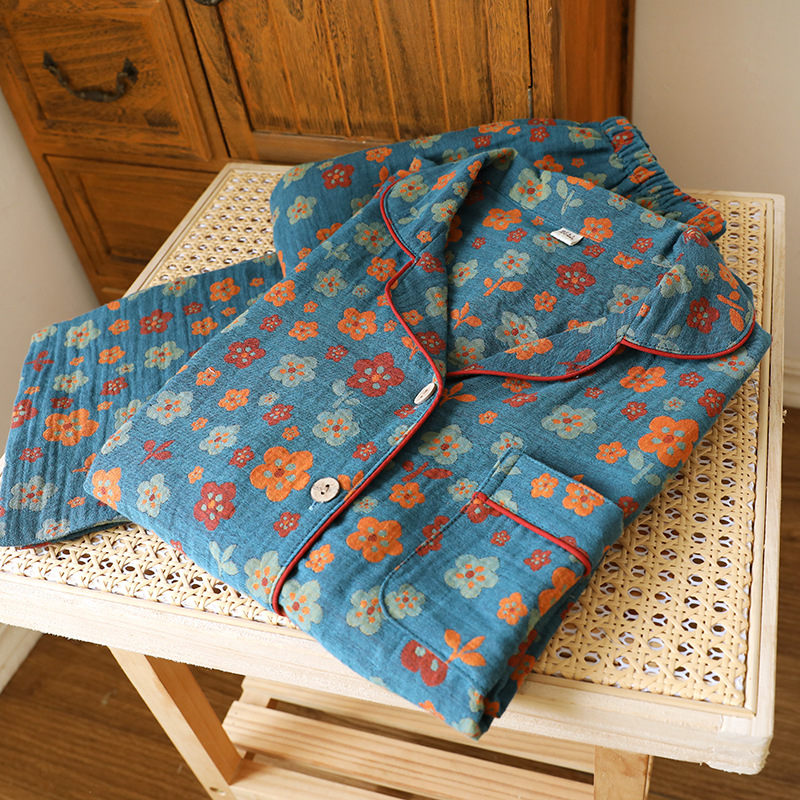 Γυναικείο σετ πυτζάμα από βαμβάκι με ζακάρτ ύφανση, μακριά μανίκια και παντελόνια