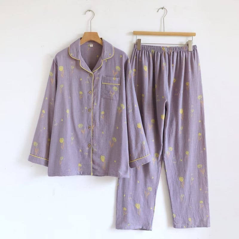 Γυναικείο σετ πυτζάμα από βαμβάκι με ζακάρτ ύφανση, μακριά μανίκια και παντελόνια