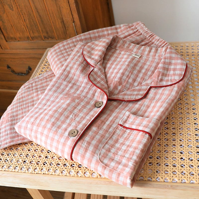 Γυναικείο σετ πυτζάμα από βαμβάκι με ζακάρτ ύφανση, μακριά μανίκια και παντελόνια