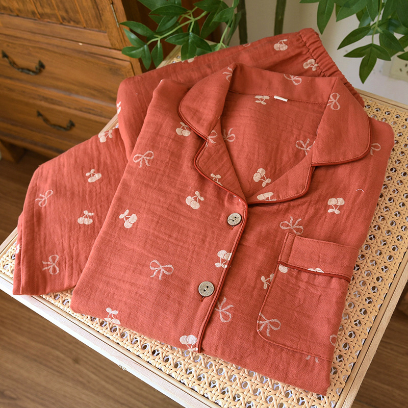 Γυναικείο σετ πυτζάμα από βαμβάκι με ζακάρτ ύφανση, μακριά μανίκια και παντελόνια