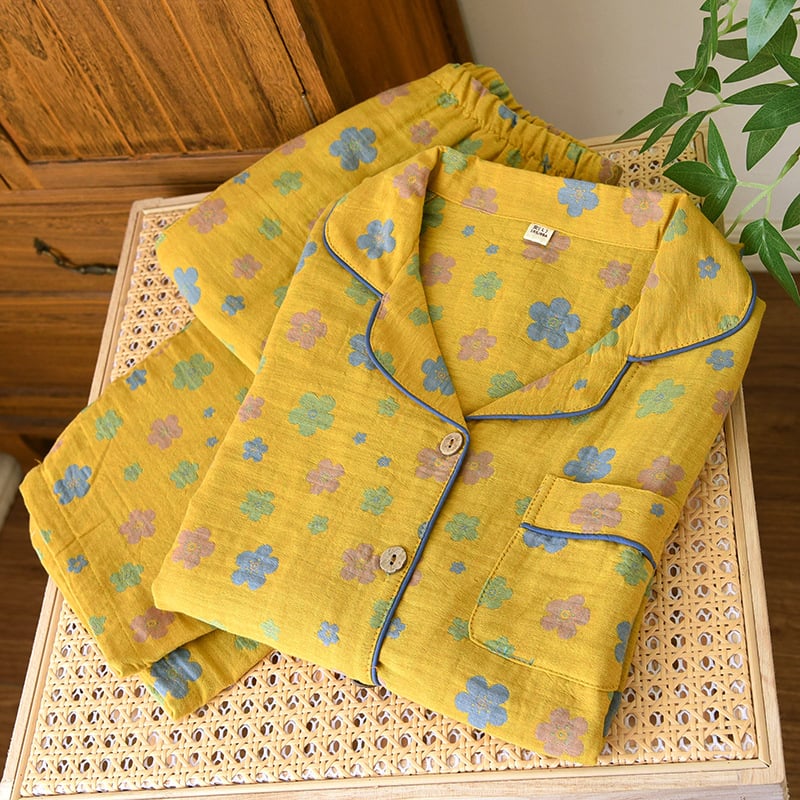 Γυναικείο σετ πυτζάμα από βαμβάκι με ζακάρτ ύφανση, μακριά μανίκια και παντελόνια