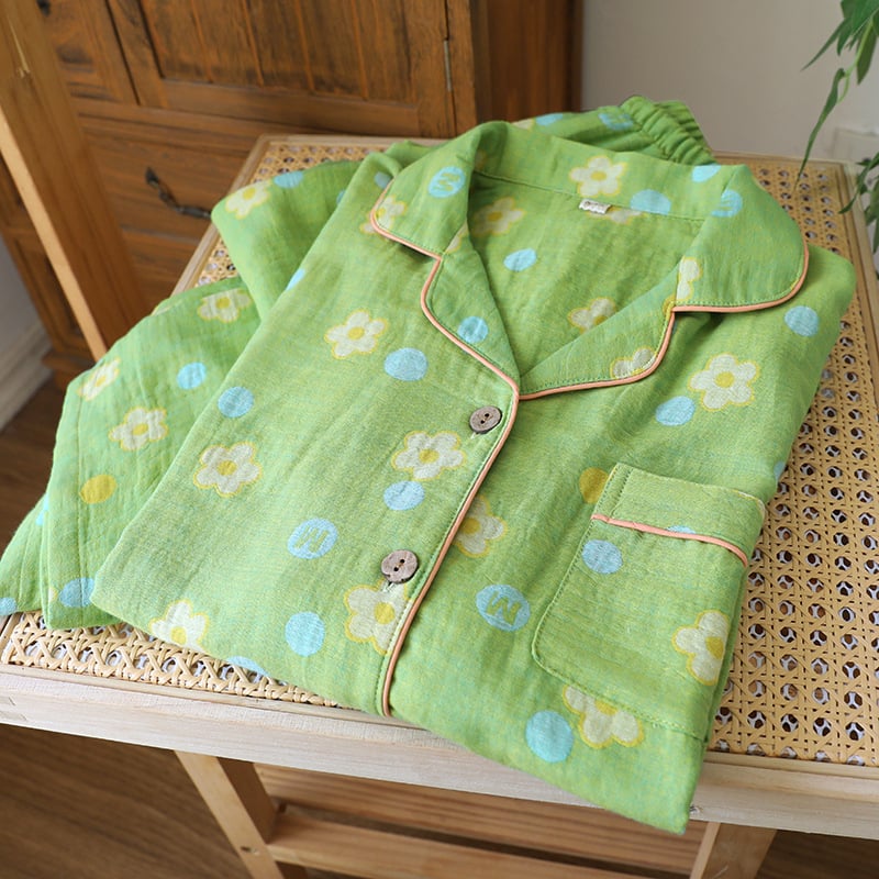 Γυναικείο σετ πυτζάμα από βαμβάκι με ζακάρτ ύφανση, μακριά μανίκια και παντελόνια