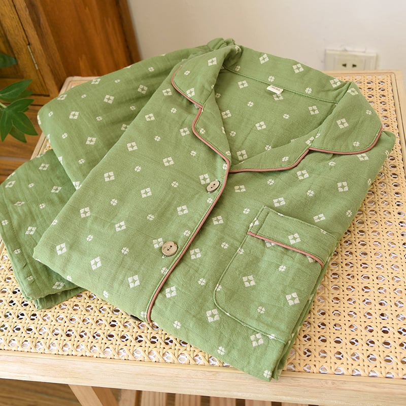 Γυναικείο σετ πυτζάμα από βαμβάκι με ζακάρτ ύφανση, μακριά μανίκια και παντελόνια