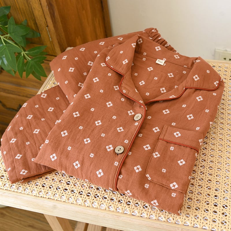 Γυναικείο σετ πυτζάμα από βαμβάκι με ζακάρτ ύφανση, μακριά μανίκια και παντελόνια