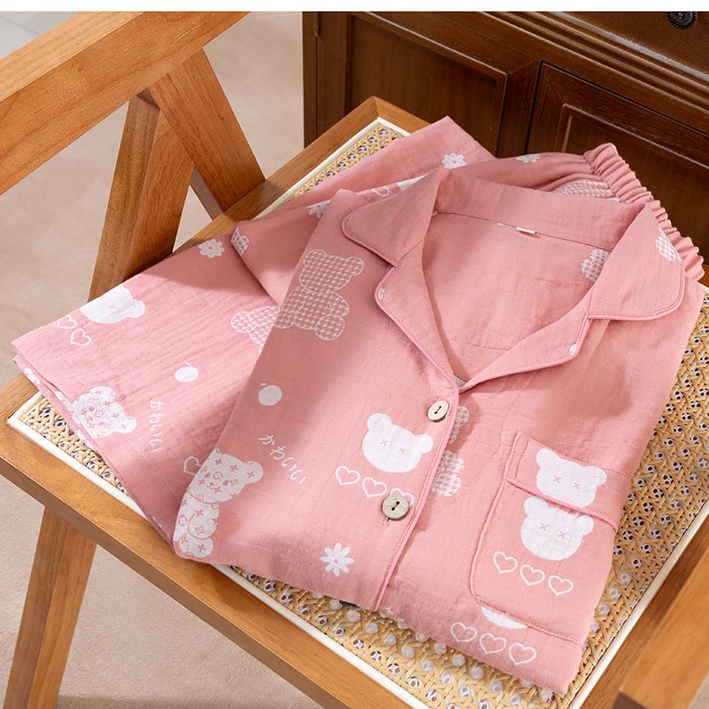 Γυναικείο σετ πυτζάμα από βαμβάκι με ζακάρτ ύφανση, μακριά μανίκια και παντελόνια