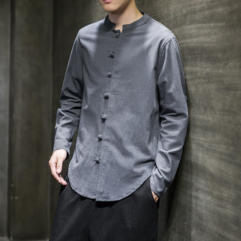Πουκάμισο κινεζικού στυλ με γιακά-στάση, κουμπιά με κόμπους, μακριά μανίκια, βαμβακερό ύφασμα