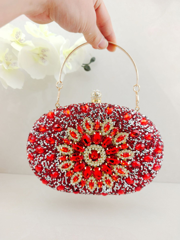 Estélyi crossbody táska fém lánccal, PU bőr, ovális alak, kapcsos záródás, telefon zseb