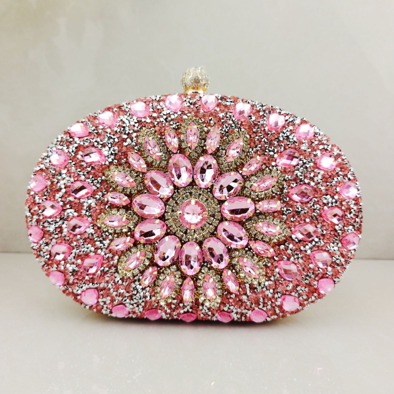 Estélyi crossbody táska fém lánccal, PU bőr, ovális alak, kapcsos záródás, telefon zseb